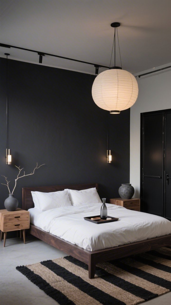 Wide room shot, Charcoal Zen Loft: moody Japandi bedroom with a charcoal-painted wall behind a low espresso-stained bed frame; natural oak nightstands with finger pulls flank the bed; crisp bone-white bedding provides contrast; oversized paper pendant lanterns hang low, casting soft ambient glow, with slim reading sconces for task light; black metal wardrobe along one side; graphite pottery and a black-and-natural striped rug add texture; a minimal tray with a carafe and a single branch in a matte vase on the nightstand; palette of charcoal, espresso, oak, bone white; shot straight-on, evening light, photorealistic.