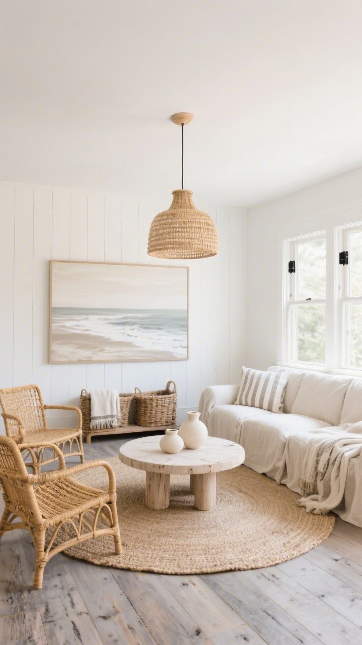 Wide room shot, Coastal Calm in Driftwood and Linen: warm white walls, a single feature wall with subtle beadboard, and wide-plank driftwood floors. A light linen slipcovered sofa faces a round bleached wood coffee table; paired with woven rattan armchairs in soft honey. A striped jute rug in sandy tones grounds the space. Accents: creamy ceramics, a large-scale desaturated neutral seascape, basket storage for throws, simple black window hardware. Overhead woven pendant light provides soft, beachy glow. Palette: warm white, sand, driftwood gray, soft honey. Materials: linen, rattan, jute, bleached oak. Corner angle, airy daylight.