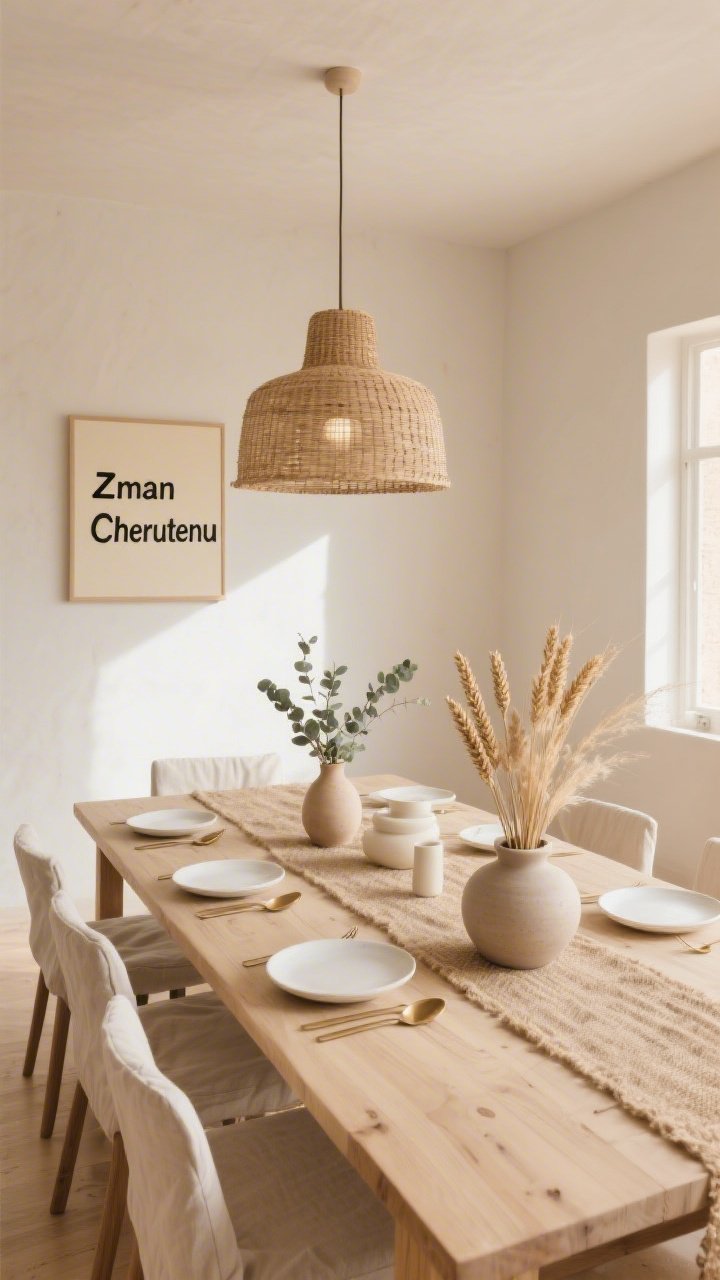 Wide room shot, Desert Minimalist Dining: a sunlit dining room with pale beige walls hinting at clay, a long light oak table, linen slipcovered chairs, and a natural jute runner down the center; low hand-thrown matte ceramic vases with a simple bundle of wheat, eucalyptus sprigs, and dried grasses as airy centerpieces; palette of sand, linen, and bone with warm wood; tabletop set with white stoneware plates, matte brass flatware, and thin linen napkins; an oversized rattan pendant casting a soft diffuse glow; a single framed minimalist Hebrew word “Zman Cherutenu” in black ink on cream paper on the wall; clean lines, uncluttered, photorealistic.