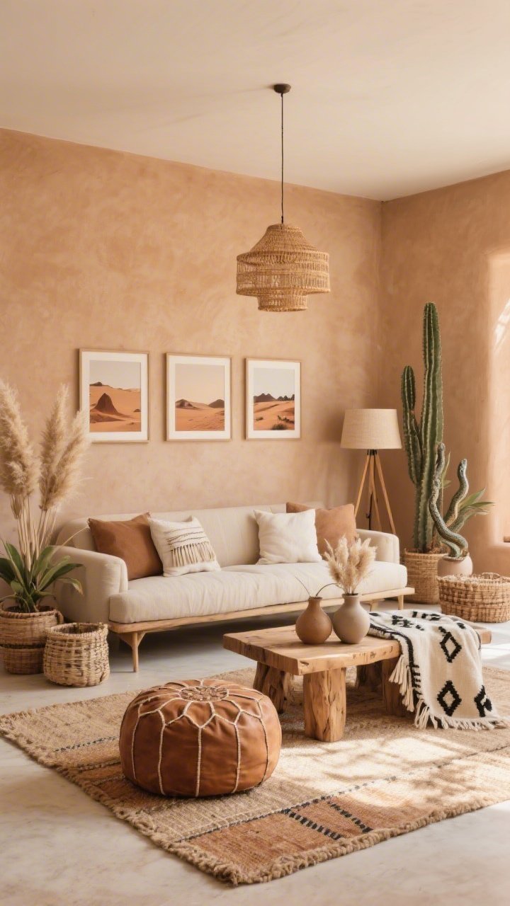 Wide room shot, Desert Nomad Neutrals: a sun-washed living room with warm sand/clay walls, a low-profile oatmeal linen sofa, layered jute and flatweave rugs in earth tones, a chunky rustic natural wood coffee table centered; accents include a camel leather pouf, cotton tassel pillows, a mudcloth throw with minimalist black patterns, dried pampas in matte ceramic vases, woven baskets, and framed desert prints trio on the wall; sculptural cacti and snake plants in simple pots; lighting from a rattan pendant and a tripod floor lamp with a linen shade; color palette sand, terracotta, bone, camel with black accents; soft afternoon natural light, no people, photorealistic.