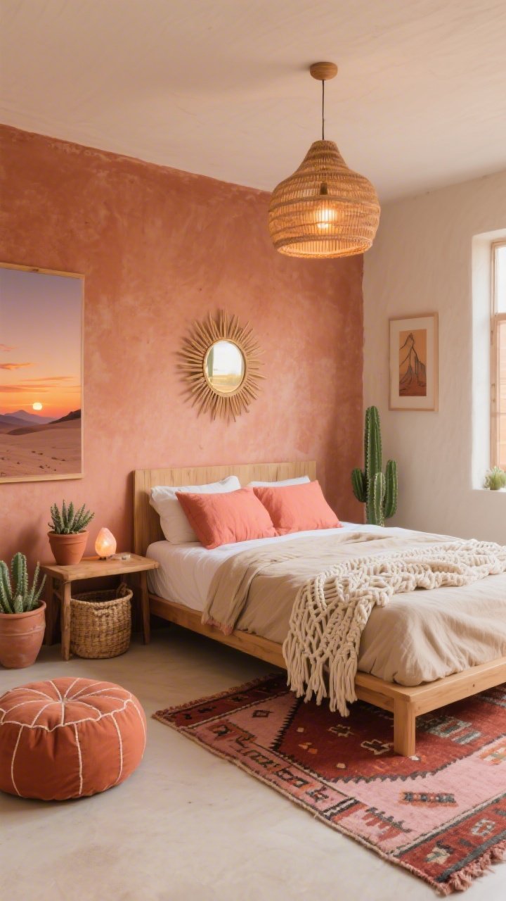 Wide room shot, Desert Sunrise Boho bedroom at dawn: muted terracotta accent wall with remaining walls creamy sand; low-profile wooden bed dressed in coral duvet, sand-colored linen sheets, chunky cream macramé throw; flatweave kilim rug in rust and blush; rattan pendant overhead with soft salt lamp glow on a wood nightstand; clay pots with succulents, woven baskets, and a sunburst mirror on the wall; sunset-toned wall art; terracotta floor cushion lounge in the corner; tiny pops of cactus green; serene, grounded, photorealistic, warm natural light.
