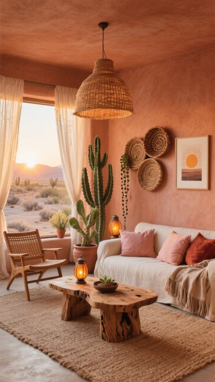 Wide room shot, Desert Sunrise Sanctuary: a serene boho sunroom with sun-washed terracotta walls glowing with early morning light, sand-colored jute rug, airy sheer linen curtains billowing, a low-profile cream slipcovered sofa anchored by a chunky teak coffee table with visible knots and grain; cactus silk pillows in muted blush, apricot, and rust; pair of woven leather lounge chairs; plants include a tall euphorbia, a snake plant, and a trailing string-of-pearls in clay pots; oversized rattan pendant overhead and tabletop lanterns with warm amber glass; handwoven wall basket cluster, framed sun print, and a fringed throw; photorealistic, calm Joshua Tree desert morning mood, straight-on perspective.