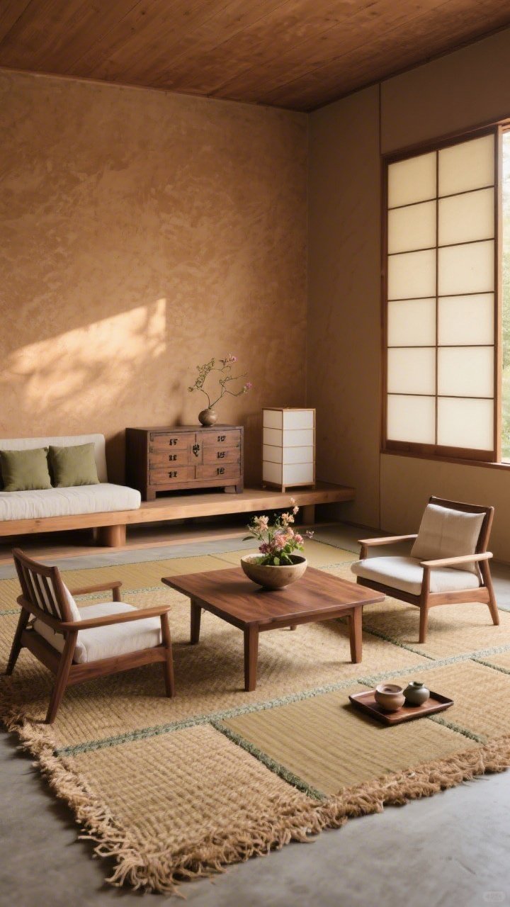 Wide room shot, Earthy Tatami-Inspired Retreat: layered tatami-style rug and seagrass mats define the floor; low platform sofa with cotton cushions and two zaisu-style floor chairs with back support; square kanji-inspired walnut coffee table with straight legs; warm clay-wash textured walls; a tansu chest/low sideboard with sliding slat doors along the wall; ikebana-style floral arrangement in a shallow bowl centered on the table, a small paper screen nearby, a tea tray set neatly; color palette walnut, sand, clay, olive; materials tatami weave, walnut, cotton, earthenware, paper; side angle, late-afternoon warm light, tranquil, photorealistic.