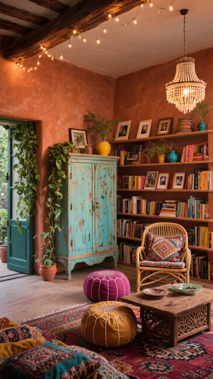 Wide room shot, Eclectic boho library: clay-terracotta walls, a vintage parlor cabinet hand-painted in muted teal with sanded, patinaed edges; shelves brimming with well-loved paperbacks, framed Polaroids, bright ceramic planters, and a trailing pothos spilling past the doorframe; low Moroccan poufs, a carved wood coffee table, rattan lounge chair layered with patterned pillows; string lights tucked along a ceiling beam, a beaded chandelier adding texture; kilim rug, embroidered cushions, a kantha throw; palette of terracotta, teal, mustard, magenta pops, and warm walnut; warm, cozy evening glow, photorealistic, slight corner angle.