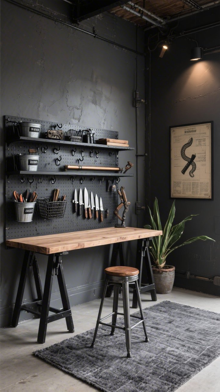 Wide room shot, Industrial Craft Command Center: charcoal gray wall with a full-width black powder-coated metal pegboard; matte black steel shelves and mesh baskets; heavy-duty hooks holding heat tools, labeled tin bins, and a long magnetic bar for knives and blades; a solid wood butcher-block desk on black sawhorse legs and a metal stool with a walnut seat; graphite low-pile rug underfoot; accents include vintage blueprint art, an antique clamp displayed, and a potted snake plant; rugged, efficient mood; moody directional lighting from one side, photorealistic, corner angle.