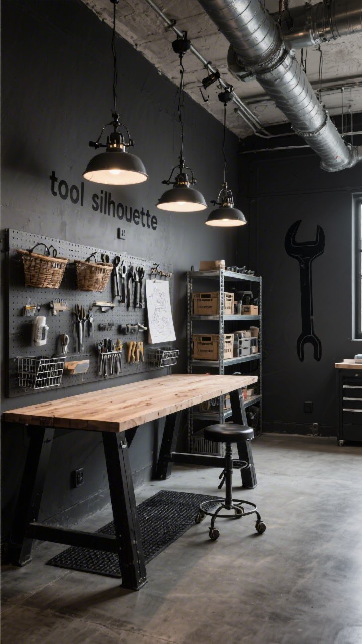 Wide room shot, Industrial Maker’s Lab: charcoal walls and concrete-look floor; central butcher-block workbench on matte black sawhorse legs with rubber mats beneath; full pegboard wall loaded with hooks, baskets, and a magnetic strip organizing metal tools; open metal shelving with crates of supplies; wire mail sorter holding sketches vertically; a stool with casters at the bench; cage pendants in a row overhead and clamp lights illuminating task zones; black painted “tool silhouette” mural marking tool placement; gritty, functional mood, slight low angle for workshop drama.