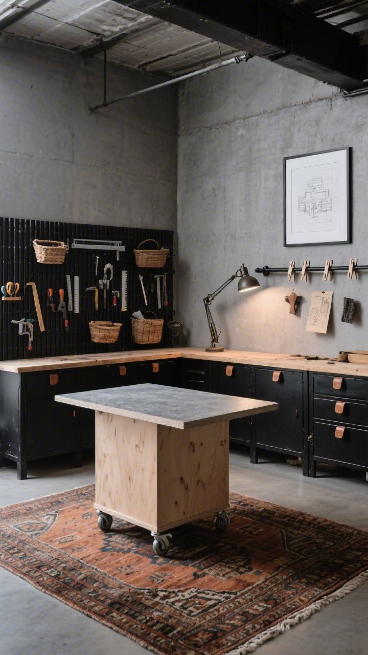 Wide room shot, Industrial Maker’s Loft: cement-gray walls with a subtle concrete-effect finish; a deep plywood work island on locking casters with a faux-concrete contact paper top centered in the space; black metal slatwall panels hold tools, rulers, and baskets; secondhand cabinets painted matte black with leather pull tabs anchor one side; a rail with bulldog clips displays in-progress pieces; a vintage task lamp provides focused light; a warm-toned kilim rug underfoot adds texture; a framed blueprint on the wall; moody, high-contrast lighting with soft shadows, angled loft perspective, photorealistic.