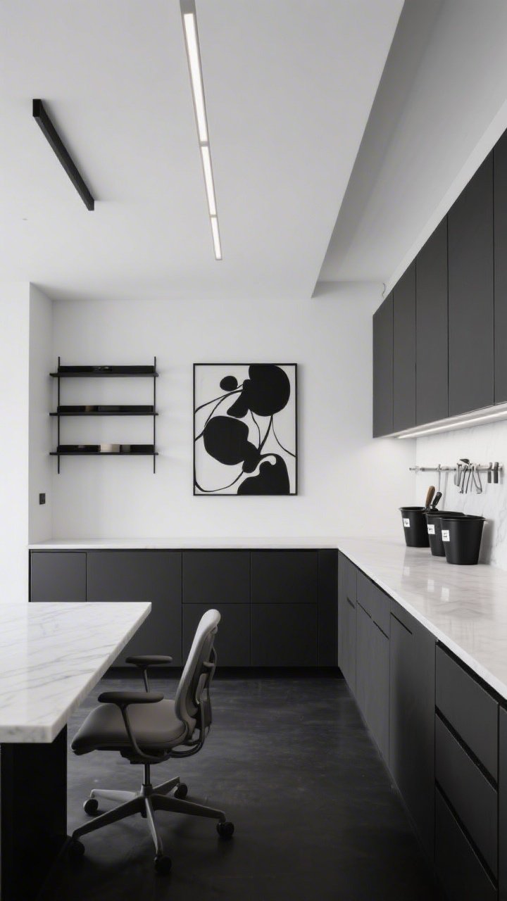 Wide room shot, minimal straight-on symmetry: A minimalist monochrome maker space in black, white, and graphite; wall-to-wall built-in with closed lower cabinets and a long white quartz counter; above, sleek black shelves sparsely styled; a waterfall-edge table and an armless ergonomic chair; a slim metal tool rail and matte black bins with crisp white labels; a single oversized black-and-white abstract artwork anchoring the scene; linear LED ceiling fixture and under-cabinet lighting for shadow-free illumination; luxe, efficient, photorealistic, no people.