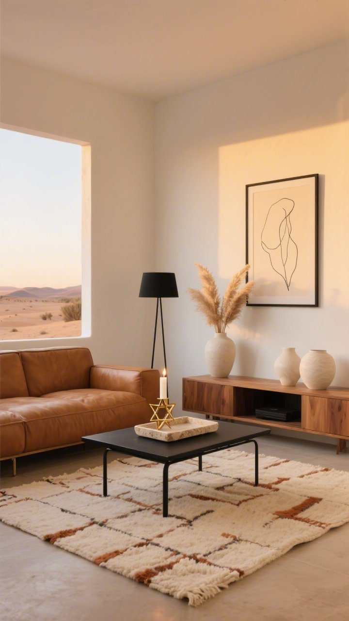 Wide room shot, modern desert living room at golden-hour evening glow: camel leather low-profile sofa against a white wall with a simple black-framed line drawing above; black metal coffee table centered on a cream Berber rug; on the table a travertine tray holding a slender brushed brass geometric Star of David candle holder with a lit white taper; accents include dried pampas in a vase, matte black floor lamp, and an oak media console with two off-white sculptural ceramics; palette of terracotta, sand, rust, and matte black; crisp lines, sun-baked warmth, photorealistic, no people.
