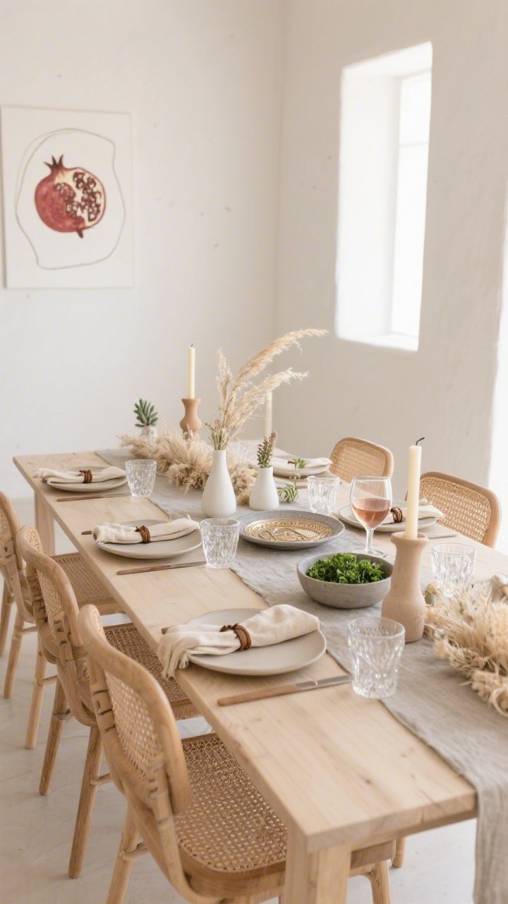 Wide room shot, Modern Desert Minimalist Passover dining scene: a long pale wood table with a stone-colored linen runner, matte ceramic plates in soft sand and ecru, light oak and woven cane chairs; a low continuous centerpiece of dried grasses, bleached ruscus, and tiny succulents in white bud vases; thin taper candles in clay and cream holders add height; a sleek concrete or porcelain Seder plate centered; flax napkins tied with thin leather cords, clear crinkled glass cups next to a single bold wine goblet, and a single bowl of bright green parsley as the only color pop; bare walls with a minimal line-art pomegranate print; bright natural daylight for a calm, airy, uncluttered mood; shot from a corner angle at eye level, photorealistic.
