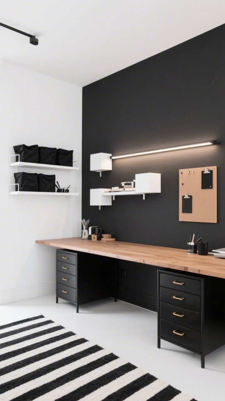 Wide room shot, Modern Monochrome Atelier: a crisp craft workspace with matte white walls and a single charcoal accent wall behind a long laminate desktop; the desktop is supported by two black-lacquered drawer units with brushed brass pulls; white cube shelves line one wall, filled with black fabric bins; floating shelves with an under-mounted slim LED task bar cast a studio glow onto the work surface; on the floor, a black-and-white striped rug; a framed inspiration board with black binder clips hangs near the desk; warm wood accents soften the black-and-white palette; straight-on perspective, clean photorealistic lighting, no people.