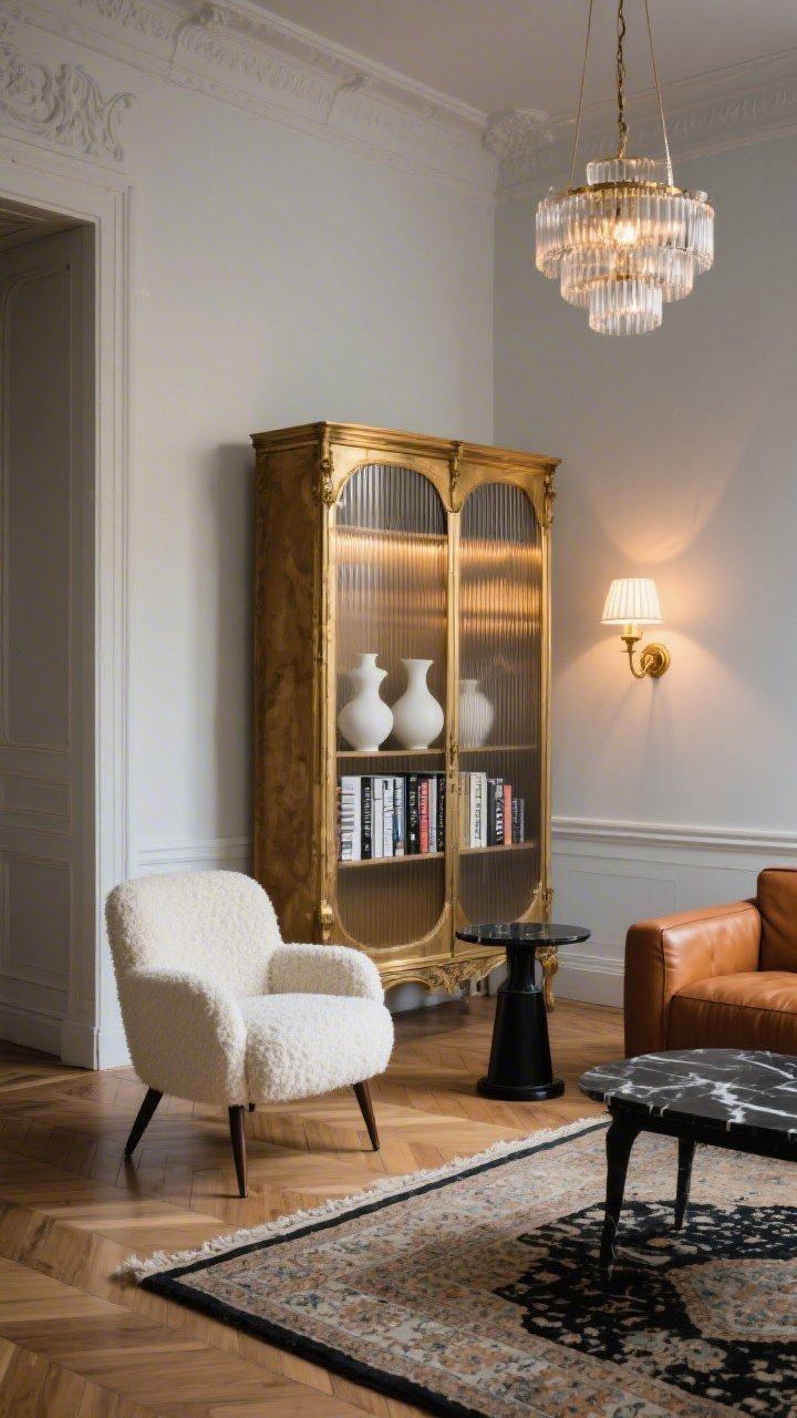 Wide room shot, Modern Parisian glam living room: cream walls with soft gray undertones, elegant herringbone wood floors, a slim tall antique brass-framed parlor cabinet with fluted glass doors glowing warmly; inside the cabinet are low sculptural white ceramics and neatly stacked fashion books; ivory bouclé slipper chairs, a caramel leather loveseat, a small black marble-topped cafe table; delicate brass sconce mounted above the cabinet and a fluted glass chandelier centered overhead; thin sun-faded vintage Persian rug on the floor; inky black accents throughout; evening ambience with layered warm lighting, photorealistic, straight-on perspective.