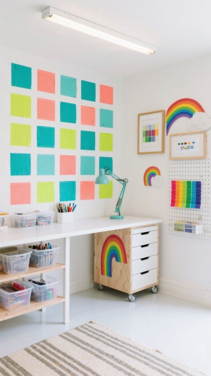 Wide room shot, Modern Rainbow Grid Studio: a bright white craft room with a crisp rainbow grid accent wall made from painter’s-tape squares filled with saturated coral, teal, chartreuse, and cobalt; sleek white Parsons desk and a narrow birch pegboard workbench; rolling drawer tower labeled with color-coded vinyl decals; clear acrylic bins of supplies on open shelves; pale maple or white epoxy floor with a simple striped rug; slim LED panel overhead and a rainbow-dipped task lamp on the desk; thrifted frames spray-painted in gradient hues displaying swatches; straight-on perspective, photorealistic, bright and ultra-organized mood.