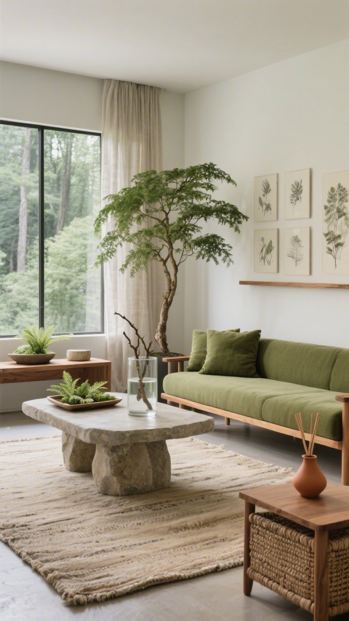Wide room shot, Nature-Forward Biophilic Calm: bench-style sofa with a slim warm oak frame and moss-colored cushions faces a stone-look pedestal table; forest-view palette of moss, oak, stone, sand throughout; one large statement tree (Japanese maple or rubber plant) near the window, a tray of small ferns on the console, and a glass cylinder with a branch in water as living art; hand-loomed rug and slightly slubby linen curtains; shallow wall ledge displaying nature sketches, terracotta incense holder on side table, woven storage ottoman; natural daylight filtering in, serene biophilic mood, photorealistic, straight-on perspective.