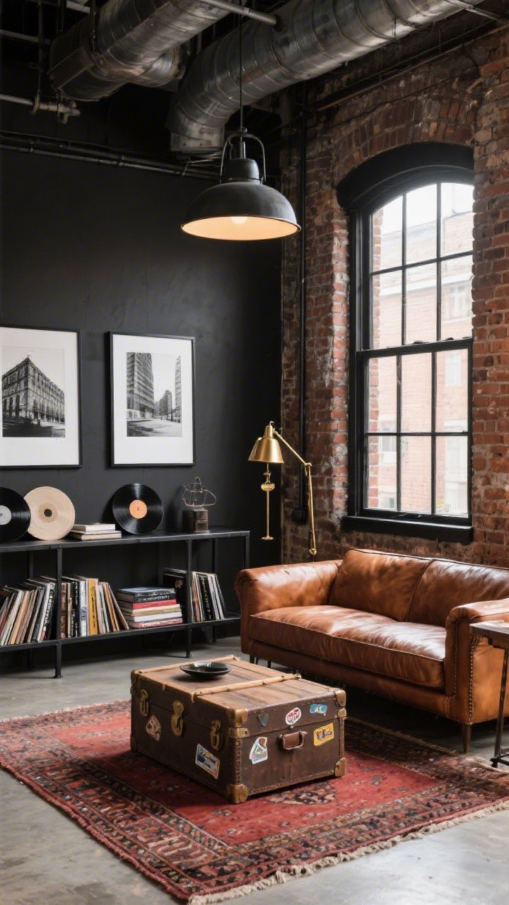 Wide room shot of an industrial loft living area with exposed brick walls, matte-black steel window frames, and warm natural light. A cognac leather sofa with a lived-in patina faces a low reclaimed-wood coffee table on a flat-weave kilim rug in muted reds. Behind the sofa, a long blackened-metal console holds vinyl records and coffee-table books. Overhead, a factory-style pendant hangs above the seating, with a brass pharmacy floor lamp by the sofa. Include oversized black-and-white architectural prints in thin black frames and a vintage trunk with travel stickers as a side table. Palette: charcoal, rust, tobacco; mood: rugged but curated, photorealistic, straight-on view.