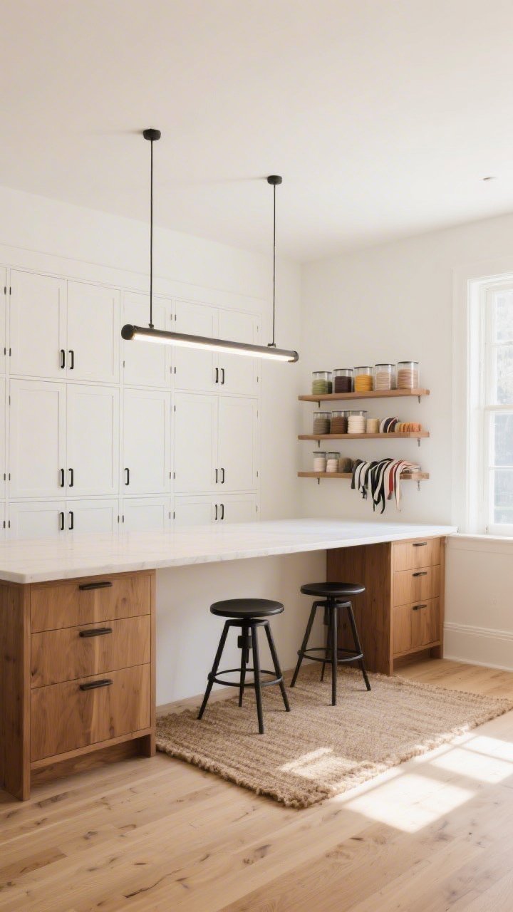 Wide room shot, photorealistic: An airy sunlit studio with creamy white walls and pale oak floors, a central floating work island with a waterfall edge and drawers on both sides, anchored by a soft jute rug with two adjustable stools tucked in. Overhead, a slim linear LED pendant casts even, diffused light across the island. One wall features floor-to-ceiling white shaker cabinets with matte black hardware; the opposite wall has open maple shelves displaying clear canisters of yarn, thread, and ribbons arranged neatly. Color palette: soft white, warm oak, matte black accents. Straight-on perspective emphasizing calm, minimal styling and natural daylight.