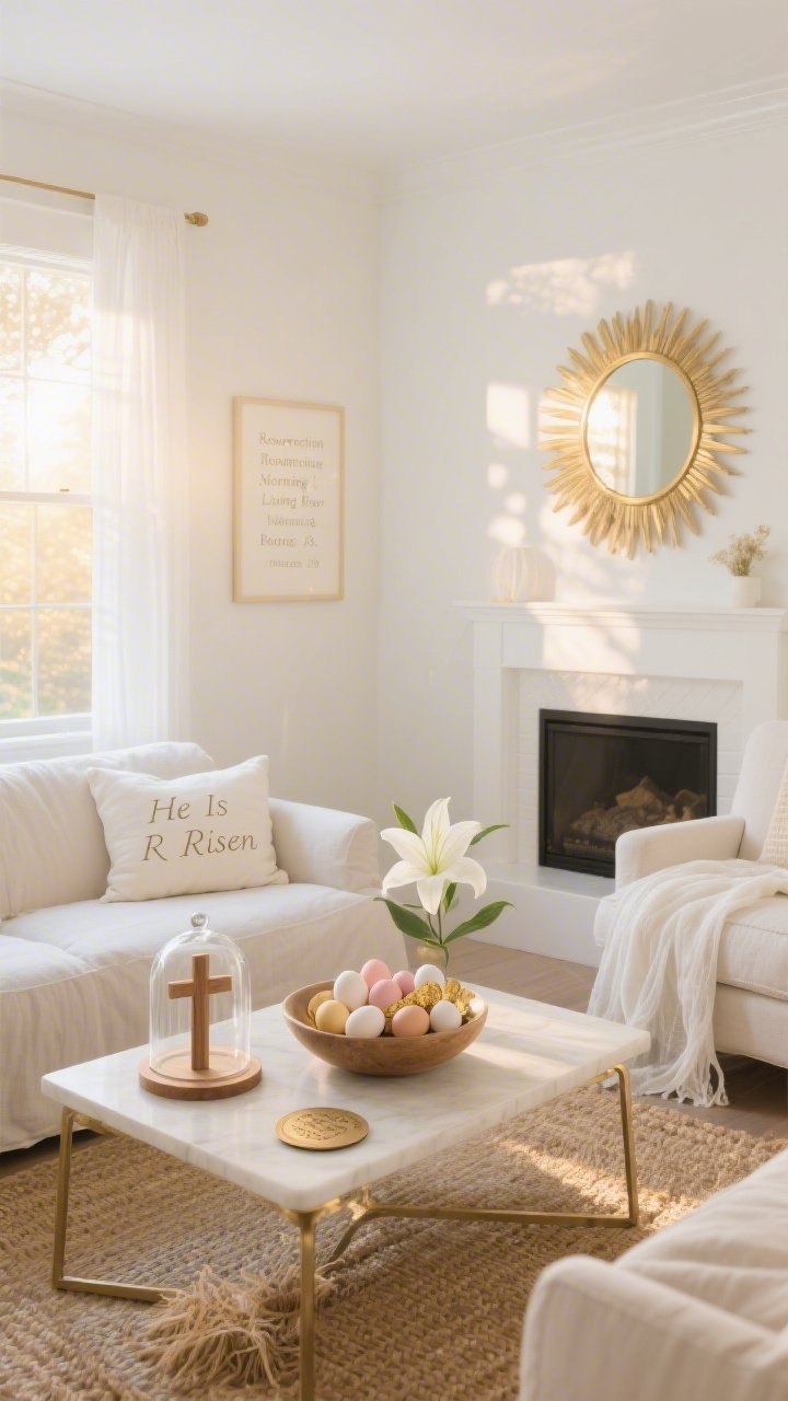 Wide room shot, “Resurrection Morning Living Room”: A bright living room at sunrise with soft white walls and a linen slipcovered sofa, golden light pouring in. Coffee table styled with a simple wooden cross beside a glass cloche covering a single white lily; a bowl of painted eggs in cream, blush, and gold leaf. Palette of white, ivory, pale gold, warm sand. Textures of linen, seagrass rug, and soft brushed brass accents. Psalm-engraved coasters, a “He Is Risen” throw pillow on the sofa, and a framed verse from Matthew 28 in delicate script on the wall. A gauzy white throw draped over an armchair like a quiet nod to the empty tomb. Sunburst mirror above the mantel reflecting warm morning light. Photorealistic, airy, serene, no people.