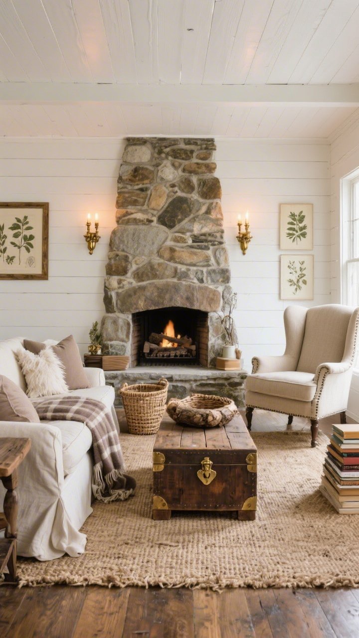 Wide room shot, Rustic Cottage, But Elevated: cream clapboard walls and a substantial stone fireplace flanked by antique brass sconces emitting warm candlelit glow. An oversized slipcovered sofa with feather cushions and a muted taupe plaid throw faces a reclaimed wood trunk coffee table with patina and storage. Floor features a jute-and-wool blend rug; include a vintage-style wingback chair in oatmeal linen. Style with pressed botanical prints, a woven log basket, and a stack of well-loved books. Palette: cream, warm taupe, flax, weathered wood. Materials: linen, jute, reclaimed wood, stone, antique brass. Straight-on view.