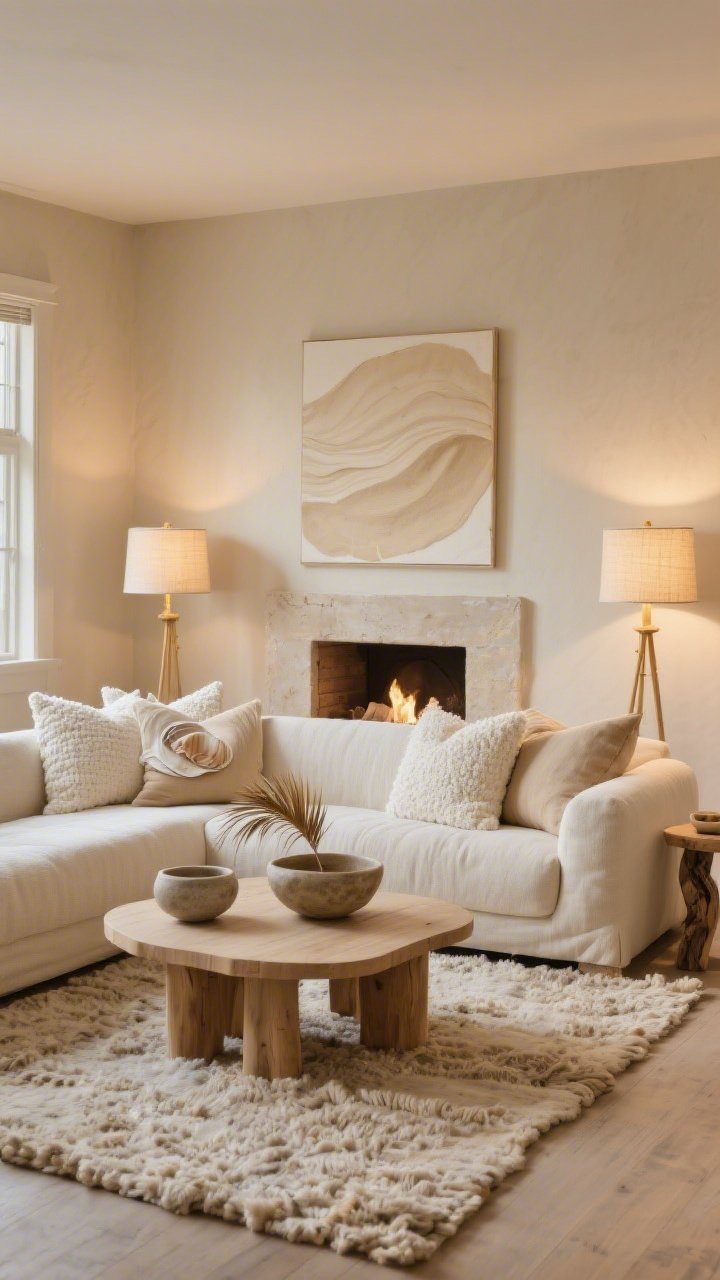Wide room shot, Sand-Dune Serenity: a cozy neutral living room with warm oatmeal-painted walls and a subtle limewash-finished fireplace, a cream bouclé sectional piled with oversized linen pillows in sand, shell, and ivory, a chunky wool rug underfoot, and a low-profile light oak coffee table with rounded corners. Include a single oversized beige-on-beige abstract artwork above the sofa, stoneware bowls and a dried palm frond on the table. Evening setting with two linen drum floor lamps casting mellow, golden, non-overhead light. Palette: oatmeal, shell, driftwood, cream. Materials: bouclé, wool, light oak, linen. Photorealistic, straight-on view.