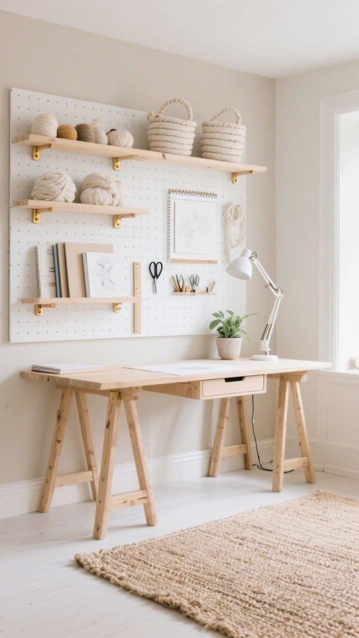 Wide room shot, Scandinavian Sunbeam Studio: a light-soaked craft room with a soft oat beige wall and a floor-to-ceiling white pegboard framed in natural oak; birch shelves and minimal brass pegs catching warm sunlight; cotton rope baskets with yarn, a slim ledge holding sketchbooks, and a magnetic strip with scissors and rulers arranged neatly; a blonde-wood trestle desk with a low-profile paper drawer, a woven jute rug, and a matte white task lamp; a small potted sage-green plant; palette of whites, pale woods, whispery grays; calm, airy mood with zero visual clutter, photorealistic, straight-on perspective with soft natural light.