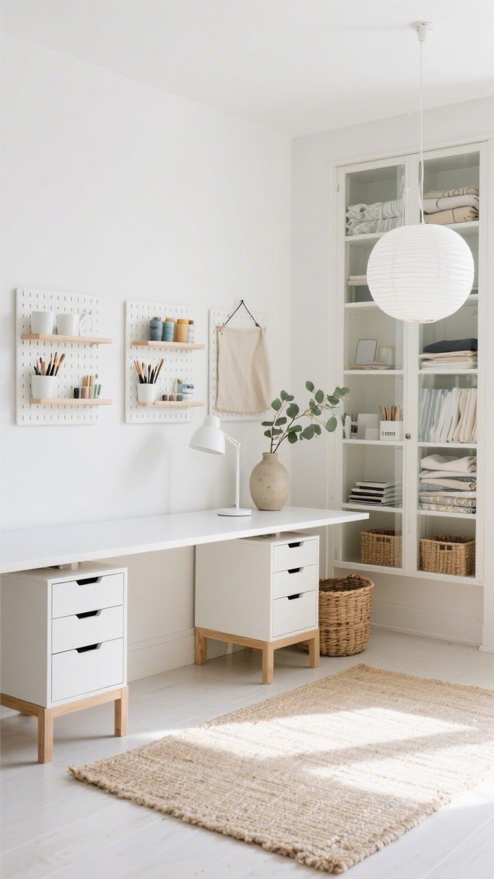Wide room shot, Scandinavian Sunbeam Studio: a sunlit corner workspace with a long white LINNMON tabletop resting on two white ALEX drawer units, pale oak accents, and a creamy jute rug; airy palette of soft white, pale birch, and buttery neutrals; a trio of SKÅDIS pegboards painted the same soft white as the wall behind the desk, holding cups for brushes and slim shelves for paints; a wall of BILLY bookcases with OXBERG glass doors displaying neatly folded fabrics and papers; HEKTAR white task lamp on the desk and a simple paper lantern overhead; decor includes a eucalyptus stem in a stoneware vase, a linen pinboard, and woven baskets on lower shelves; serene natural daylight, clean lines, no people, photorealistic.