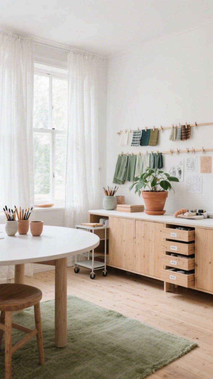 Wide room shot, Scandinavian Sunlit Studio: a serene craft room with matte white walls, pale ash wood floors, and a large rounded-edge Scandi worktable centered under expansive windows draped with sheer linen panels filtering soft daylight; a wall of flat-front warm birch cabinets with a slim peg rail above holding clipped fabric swatches and sketches; stoneware cups organizing brushes and pencils on the table, a soft sage rug underfoot, and one oversized terracotta potted plant; include labeled drawer inserts peeking from an open cabinet and a slim rolling cart tucked under the table; color palette white, birch, sage, clay; photorealistic, corner angle.