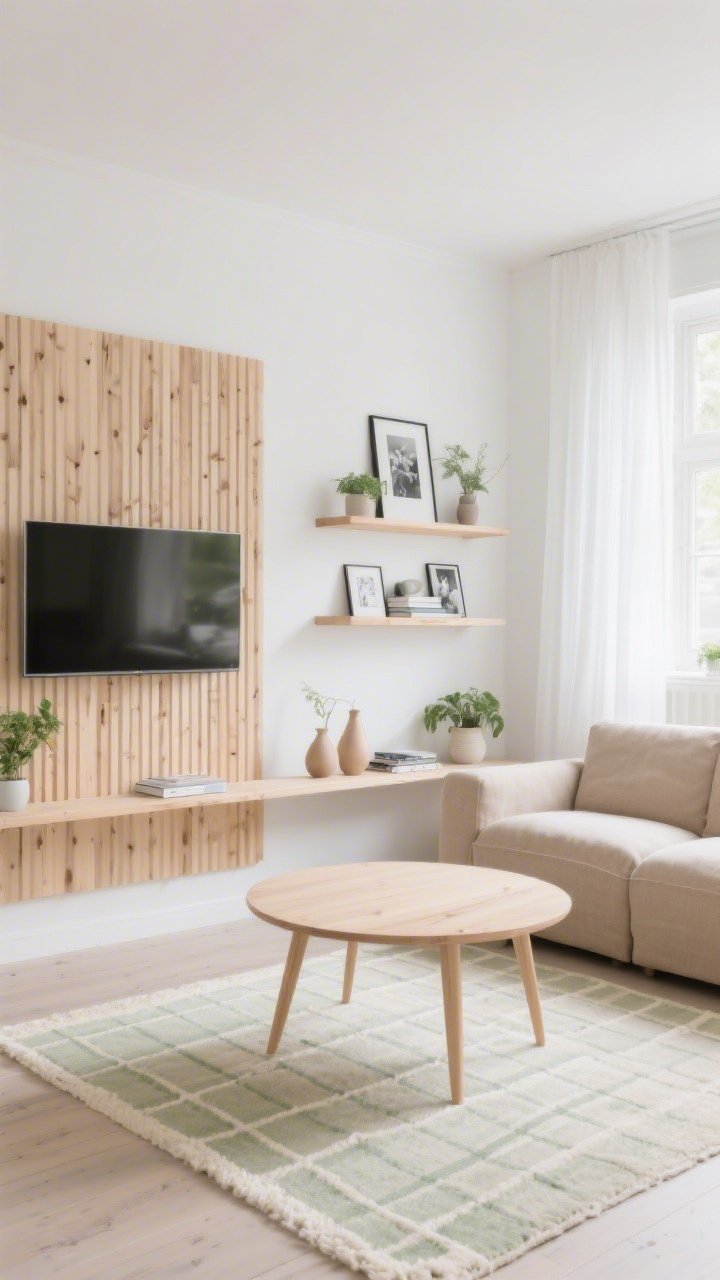 Wide room shot, Soft Scandi living room: warm white walls, low-profile linen sofa in mushroom beige, DIY slatted wood feature panel behind a wall-mounted TV, birch plywood coffee table on pale-oak tapered legs, trio of floating pale-oak wood shelves styled with plants, ceramic vases, and design books, gauzy white curtains, cream rug with subtle tone-on-tone grid, muted sage accents, long wood picture ledge displaying black-and-white prints; bright natural daylight, clean minimalist Scandinavian styling, photorealistic.