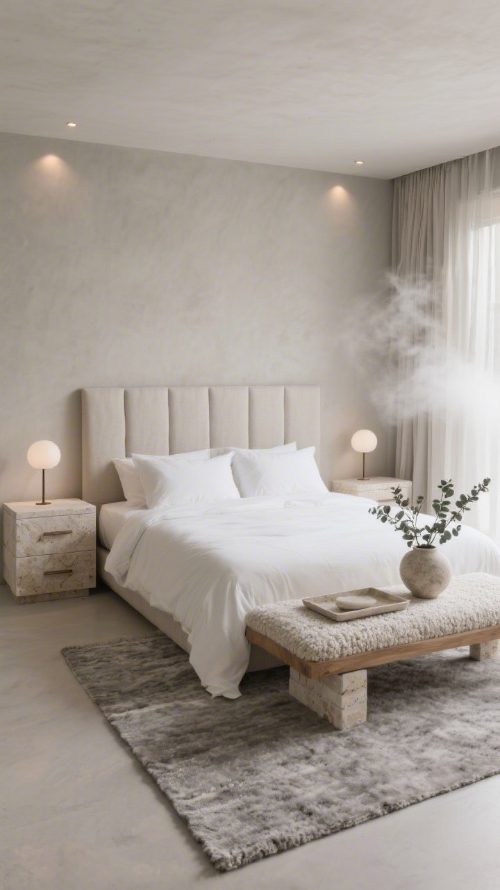 Wide room shot, Stone & Steam Spa Retreat: greige walls with a full-width padded linen headboard behind a linen-upholstered bed dressed in a cloudlike ivory duvet; matching slim ash dresser with integrated pulls along one wall; travertine bedside cubes anchoring each side of the bed with sphere bedside lamps; tiny pin-spot recessed lights provide gentle highlights, complemented by sheer drapes that diffuse light like steam; textured bouclé bench at the foot, travertine trays styled with eucalyptus stems in a stone vase; flatweave heathered gray wool rug grounding the space; palette of greige, mushroom, ivory, pale stone; calm spa-like atmosphere, photorealistic.