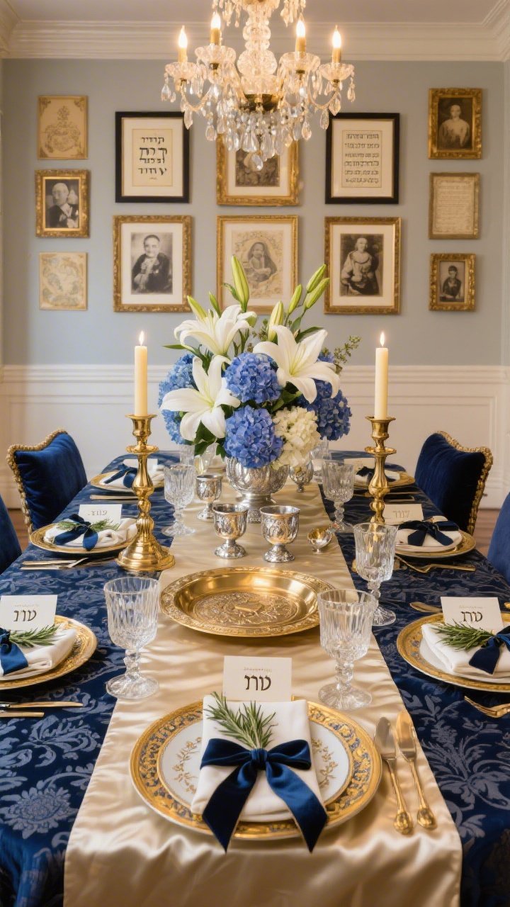 Wide room shot, straight-on: A grand dining room glowing with heritage luxe. Deep navy damask tablecloth with a champagne satin runner. Gold-rimmed china and cut-crystal wine goblets sparkle under warm chandelier light. Glass candlesticks with beeswax tapers flank a polished brass Seder plate at center, with vintage silver kiddush cups like jewelry. Embroidered napkins hold sprigs of rosemary, tied with velvet ribbon. Monogrammed place cards and vintage family photos in gilt frames accent the table. On the wall, a gallery display of framed Haggadah art; dramatic floral arrangement of white lilies and blue hydrangeas. Palette: navy, cream, gold, antique silver. Materials: silk, velvet cushions, crystal, polished metal.