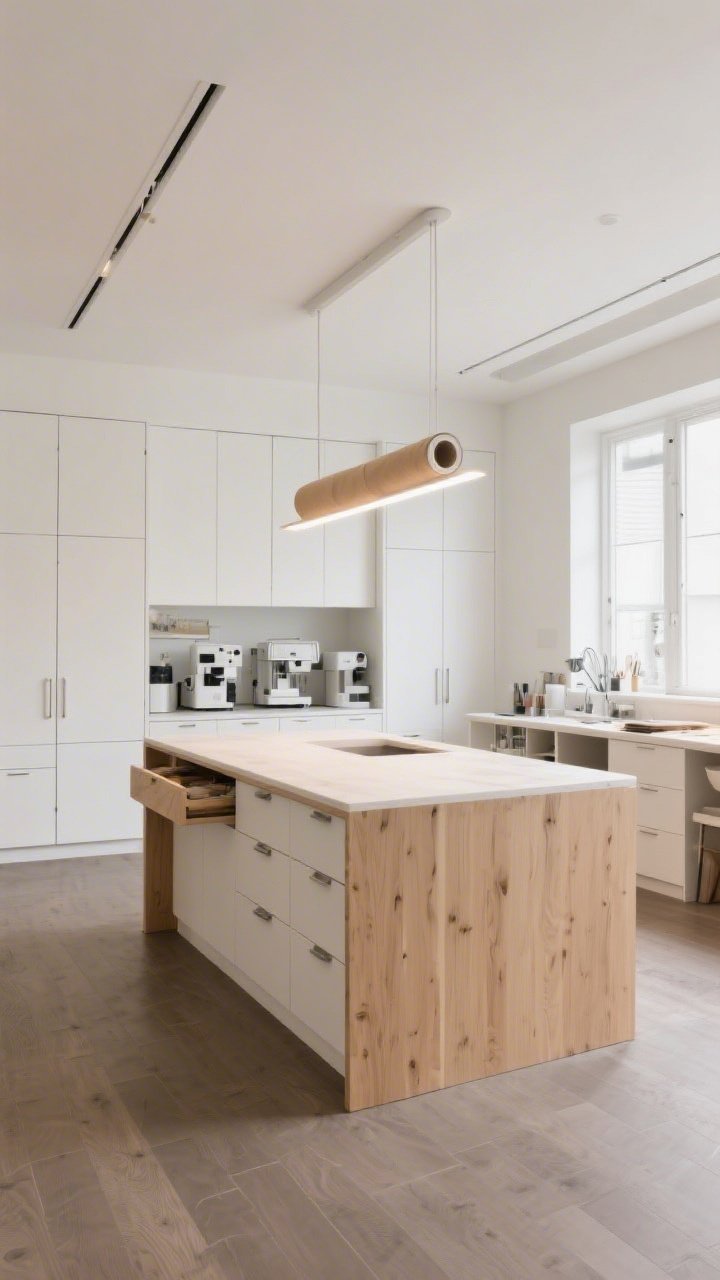 Wide room shot, straight-on: High-function minimalist island atelier centered on a light-oak waterfall-edge island, surrounded by soft-white flat-panel storage towers with clean doors hiding machines and supplies; a slim linear LED pendant evenly illuminating the work surface; toe-kick drawers and shallow pull-outs visible on the island; flooring in resilient taupe luxury vinyl plank; a discreet ceiling-mounted rail holding a kraft paper roll; palette of soft white, light oak, and taupe; bright, even task lighting, photorealistic.