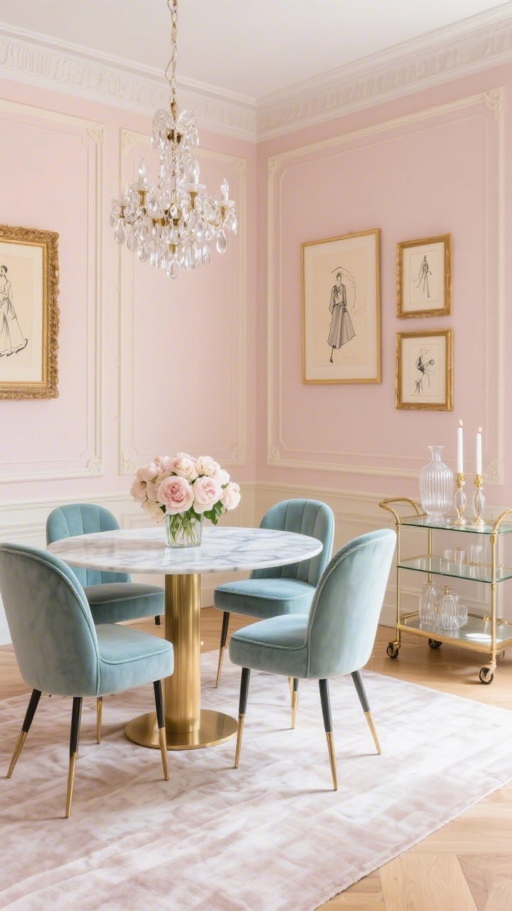 Wide room shot, straight-on Parisian chic: Pale blush walls with creamy panel molding create refined depth. A marble-topped dining table with slim brass legs is paired with velvet chairs in dusty blue and soft mint. Overhead, a petite crystal chandelier sparkles, reflecting onto a silky, low-sheen rug beneath. A small bar cart with glass shelves sits to the side, styled with fluted glass vases and pearly taper candles. Gilded frames display vintage sketches or fashion prints on the wall, while a bouquet of pale ranunculus or peonies adds romantic softness. Bright, glamorous, photorealistic.