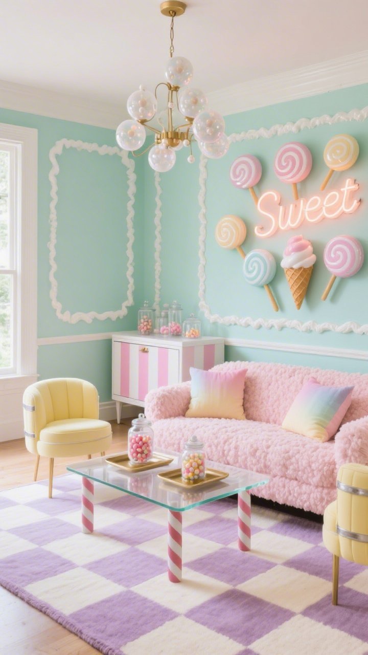 Wide room shot, straight-on perspective of a Pastel Soda Fountain Living Room: buttery mint wall with thick white frosting-like trim, blush pink marshmallowy boucle sofa with sherbet ombré pillows, two pale lemon barrel accent chairs flanking a lucite coffee table with striped candy-cane legs, checkerboard cotton rug in lavender and cream underfoot, bubble chandelier with sugar-pearl globes overhead, wall cluster of oversized glossy pastel lollipop sculptures, neon “Sweet” script glowing soft peach above a low cabinet painted in rose-and-white ice-cream parlor stripes, trays with glass apothecary jars filled with faux gumdrops on the table, bright airy daylight for a soda shop meets Sunday lounge vibe, photorealistic