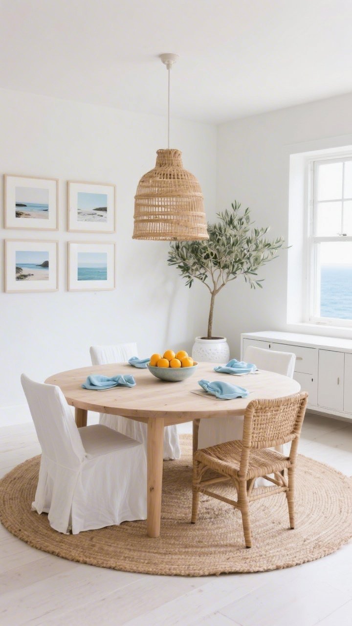 Wide room shot, straight-on view: A bright coastal-inspired dining room with crisp soft-eggshell white walls, a light oak dining table with rounded edges, and white slipcovered chairs mixed with two woven rattan seats for texture. A large natural jute rug anchors the space, and an oversized breezy rattan pendant hangs centered above the table. Along one wall, a long low white sideboard keeps the room airy. Styling details include powder blue napkins, a bowl of bright citrus on the table, framed coastal photography with generous white mats on the wall, and a tall olive tree in a white ceramic planter. Daylight streams through open windows, clean and fresh mood, photorealistic.
