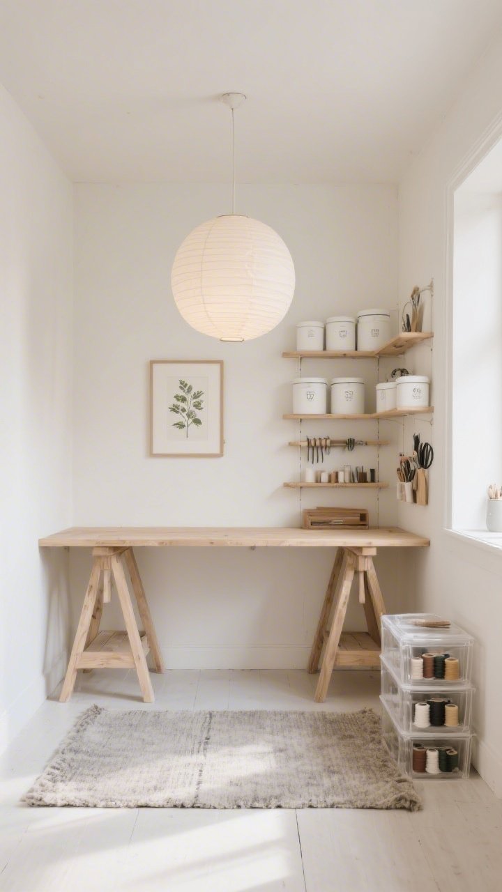 Wide room shot, straight-on view: A compact Nordic-neutral craft nook painted warm white with a hint of cream, centered on a pale oak trestle worktable and a simple Scandi ladder shelf leaning against the wall; tools organized in matte white canisters, thread spools stacked in clear acrylic bins, a soft greige wool flatweave rug underfoot, and a single round paper lantern pendant casting a gentle glow; palette of white, cream, pale oak, and greige, with one framed botanical print as a quiet focal point; minimalist, cozy, calm, photorealistic lighting with soft shadows.