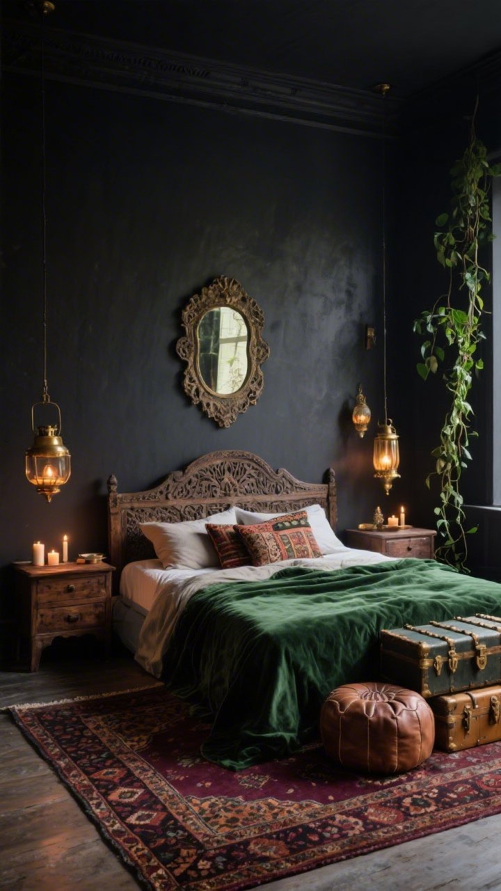 Wide room shot, straight-on view: A dark boho bedroom with inky charcoal walls and a low, carved-wood antique headboard behind a bed dressed in forest-green velvet duvet and linen shams. Layer a Persian-style rug with wine and rust tones underfoot, patterned kilim cushions on the bed, and weathered walnut nightstands. Hang mismatched brass lanterns at different heights on either side for a warm nomadic glow, with candlelit ambience reflecting off an ornate patinaed mirror. Place stacked vintage trunks at the foot of the bed, a leather pouf nearby, and a tall trailing pothos softening a corner. Palette: charcoal, hunter green, merlot, burnished brass. Photorealistic, moody evening lighting.
