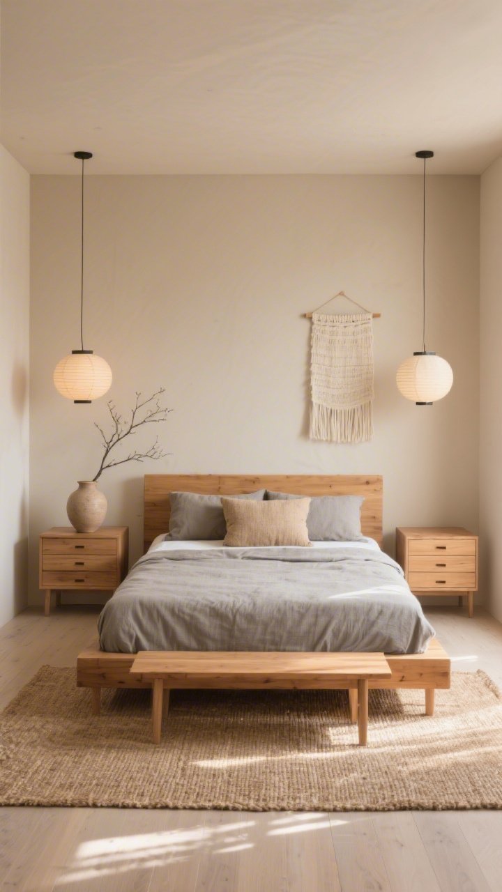 Wide room shot, straight-on view: A Japandi bedroom featuring a low platform bed in honey-toned oak with stone-colored linen sheets and a single oversized flax lumbar cushion. Walls in soft mushroom beige, light ash matte floors, and a woven jute rug extending wider than the bed to frame it. Floating oak nightstands, a slim bench at the foot, and a simple three-drawer dresser with finger pulls. Diffused paper lantern pendants hanging on each side of the bed. Minimal decor: a single ceramic vase with a branch cutting and a cream textured wall hanging. Warm, sunlit ambiance, minimalist yet cozy, photorealistic.