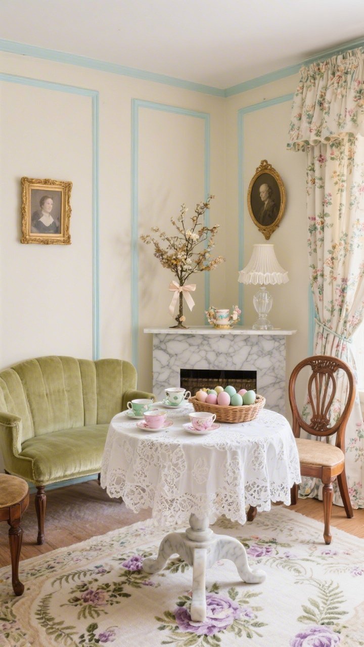 Wide room shot, straight-on view: A lace-draped Victorian-style sitting room with buttermilk walls and eggshell blue trim, a petite pistachio velvet settee flanked by two warm walnut balloon-back antique chairs. A round lace tablecloth cascades over a marble-topped pedestal table displaying a mix-and-match teacup collection in faded rose and sage. A muted floral rug in dusty mauve, oatmeal, and fern grounds the space, with pencil-thin floral curtains softly puddling at the floor. Include gilt-framed cameo portraits, a milk-glass lamp with a ruffled shade, a wicker basket of pastel-dyed eggs, and on the mantel a petite Easter tree with dried flowers and silk ribbon bows. Soft ambient daylight for a gentle grandmacore mood.