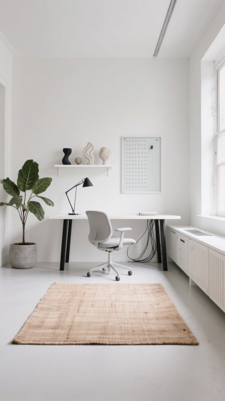 Wide room shot, straight-on view: A modern minimalist home office with a matte white desk on slim black legs centered over a pale oak rug, a floating wall shelf holding a few sculptural objects, and a frameless pinboard above the desk. A low-profile ergonomic chair in light gray tucks in neatly. Cables disappear into a hidden wire tray, and a narrow white credenza with fluted doors sits along the wall. Soft white walls with graphite accents, a single large-leaf plant in a concrete pot, and a slim black task lamp. Bright, even daylight for a serene, calm mood. Photorealistic.