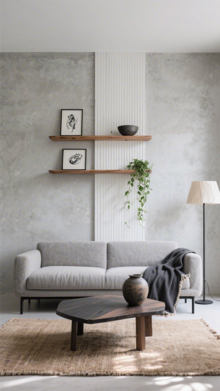 Wide room shot, straight-on view: A serene Japandi living room with a stone-gray limewash accent wall and a floor-to-ceiling vertical white-oak slat panel behind a low-profile pebble-gray linen sofa on slender black metal legs; two long floating oak shelves with rounded edges built into the slatted section display matte ceramic bowls, two small black ink sketches, and a single trailing pothos; nubby warm-sand wool rug under a charcoal-stained ash coffee table with a beveled top; slim black floor lamp with a paper shade; minimal styling with a charcoal linen throw and a raw-edge pottery vase; soft, natural daylight creating gentle shadows; uncluttered negative space; photorealistic.