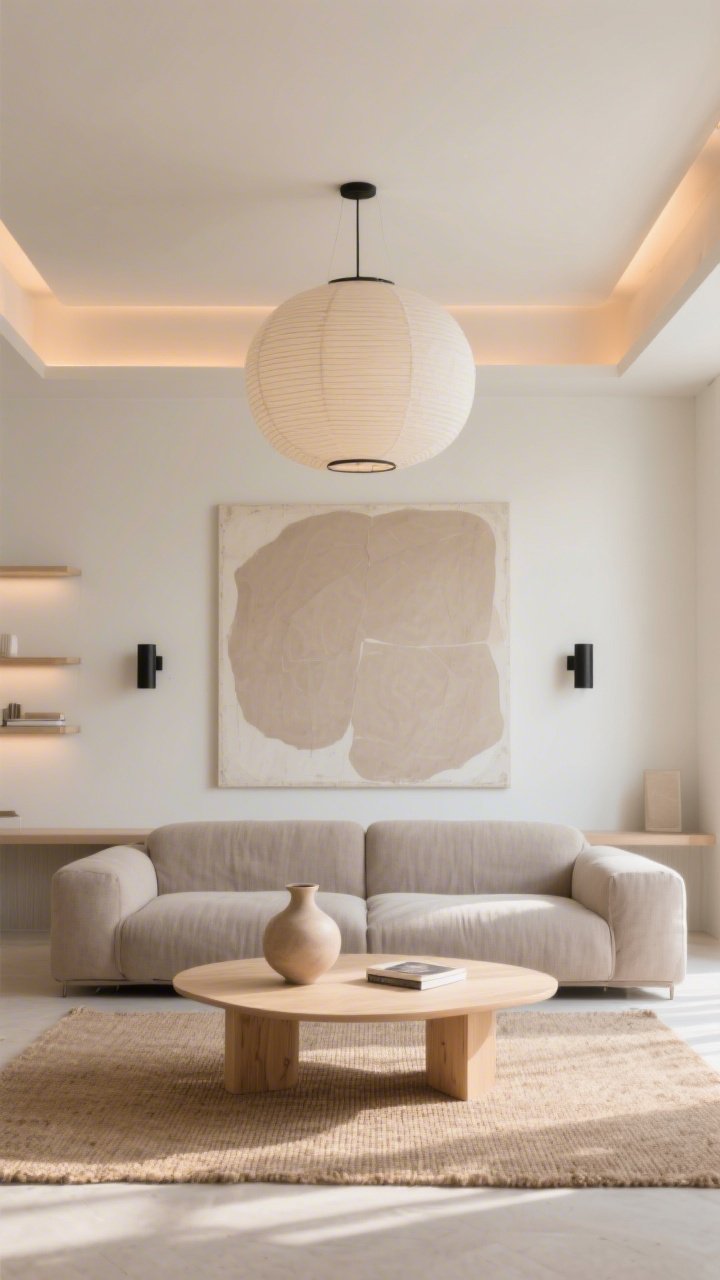 Wide room shot, straight-on view: A sunlit modern minimalist living room with creamy walls, a low-profile linen sofa in soft taupe, and a pale oak coffee table with rounded edges on a jute rug; two matte black wall sconces flank an oversized tonal abstract canvas; large rice paper pendant overhead, warm LED strips under floating shelves; palette of taupe, sand, and powder gray; surfaces mostly bare except a single sculptural vase and one coffee table book; photorealistic, airy, cozy-minimal mood.