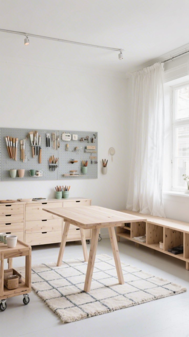 Wide room shot, straight-on view: A sunlit Scandinavian craft studio with warm soft white walls, a bleached oak worktable with slender legs centered on a wool rug with a minimal grid pattern, pale gray floating pegboard wall neatly arranged with paintbrushes and tools as art, slim drawer units on wheels, a long bench with cubbies, and a birch rolling cart; color story of whites, light wood, dove gray with muted sage accents; linen pinboard, ceramic cups holding markers; sheer linen curtains diffusing daylight and a simple ceiling track light, airy and intentional, photorealistic, no people.