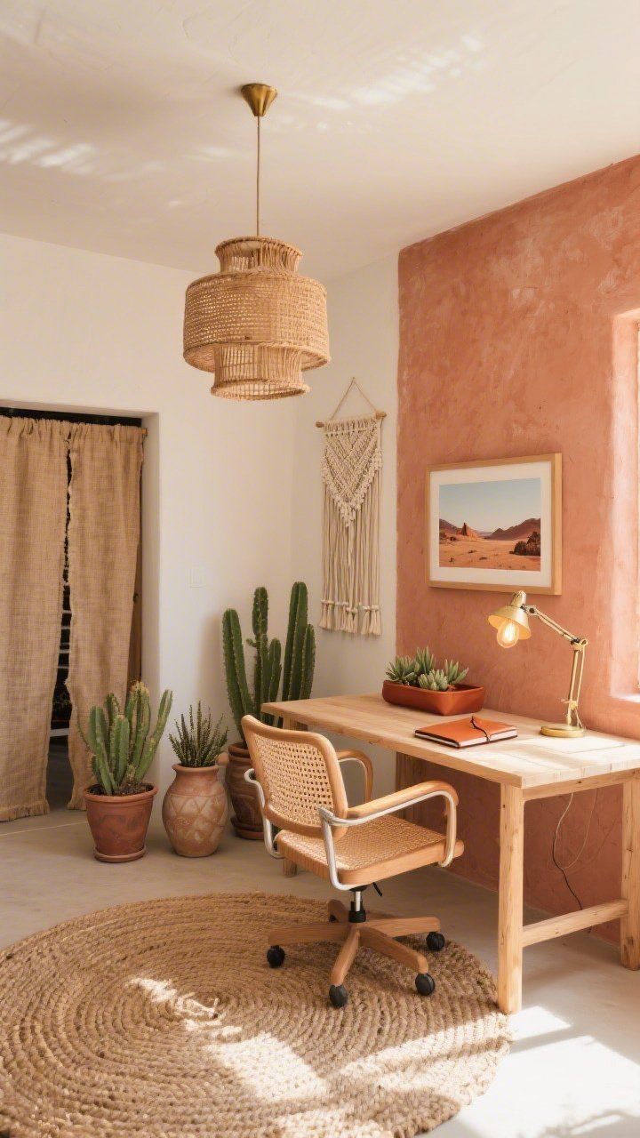 Wide room shot, Sun-Drenched Desert Boho home office: warm natural afternoon light flooding a space with clay and terracotta walls, one adobe peach accent wall; low-profile light oak desk with a terracotta catchall and leather notebook; woven rattan swivel chair; chunky jute rug; ceramic planters holding succulents; framed desert landscape print; beaded curtain over a closet; burlap drum pendant overhead and a small brass task lamp with a warm bulb on the desk; color palette of terracotta, sand, camel, ivory, cactus green; materials rattan, raw wood, unglazed ceramics, jute; no people, photorealistic.