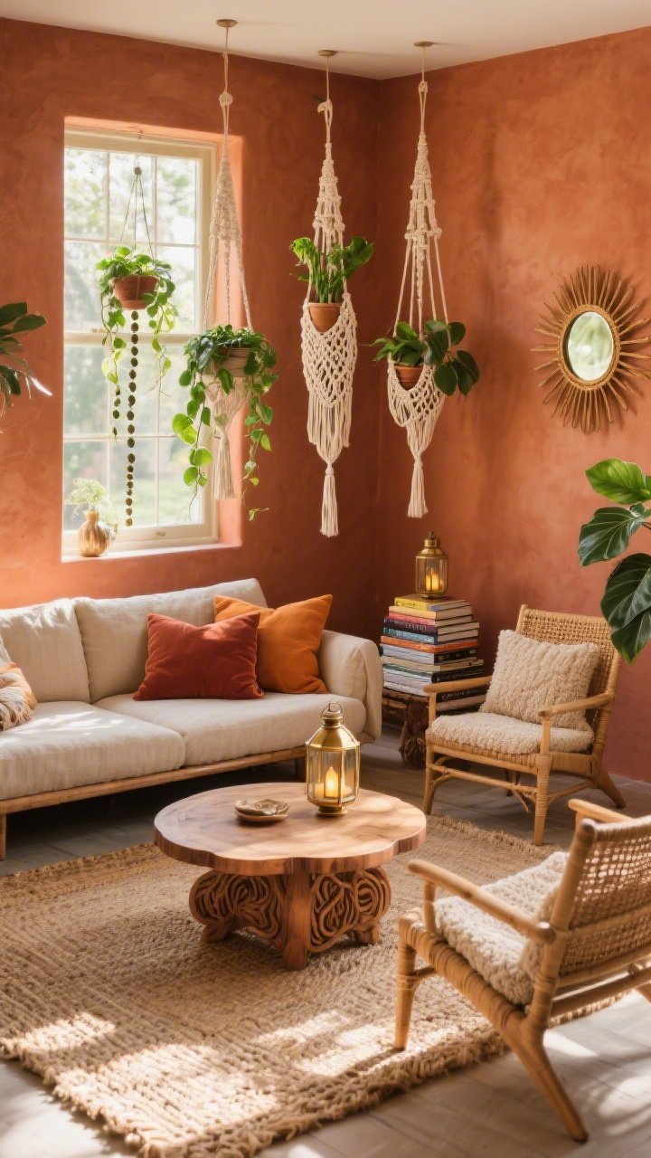 Wide room shot, sun-soaked boho living room in afternoon light with terracotta walls; a low linen-wrapped sofa in soft sand layered with rust and ochre pillows; three cream macrame plant hangers at staggered heights above a window holding pothos, string-of-pearls, and trailing philodendron; chunky-weave jute rug under a rounded mango wood coffee table with carved edges; rattan side chairs with boucle cushions; brass lanterns, a sunburst mirror, and a stack of art books; warm, tactile textures, joyfully alive, photorealistic.