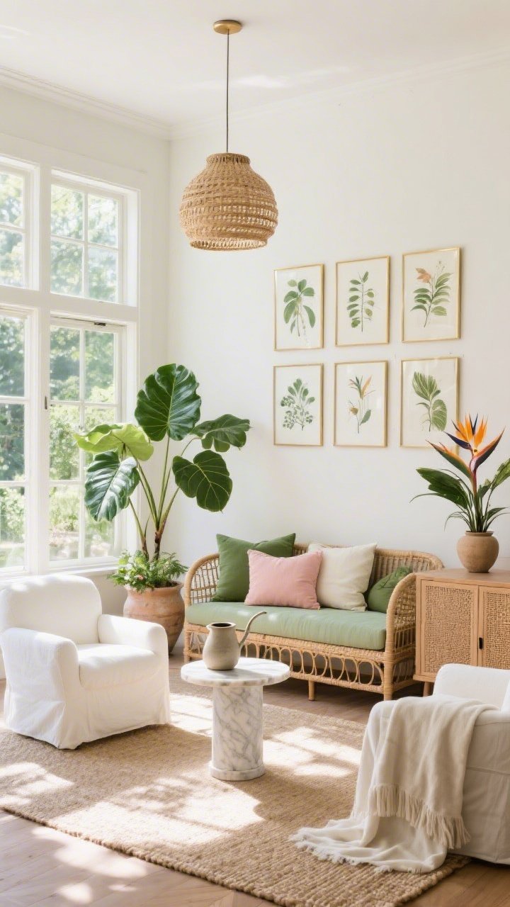 Wide room shot, Sunlit Conservatory Lounge: a breezy, botanical-glam sitting room flooded with natural light from tall windows; rattan daybed layered with moss-green and blush cushions on a neutral jute rug; two white slipcovered armchairs flanking the daybed; marble pedestal side tables; cane-front cabinet; woven pendant light overhead; gallery wall of botanical prints in thin brass frames; floor plants in ceramic pots (fiddle leaf fig, rubber tree, bird of paradise) adding layered height; a linen throw draped casually; a ceramic watering can displayed as decor; color palette of sage, cream, blush, and natural wood; bright daytime sunlight with soft shadows; photorealistic, straight-on view.