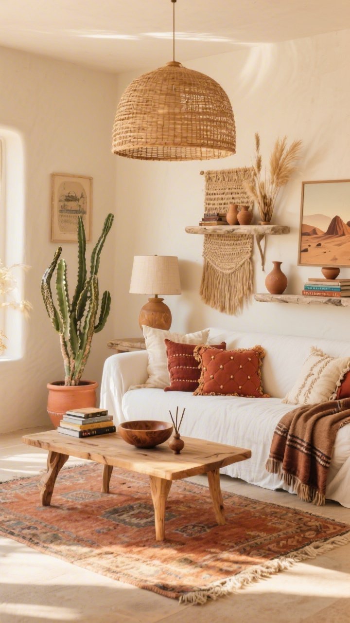 Wide room shot, Sunlit Desert Boho Living Room: a bright living room with sand-beige walls and a crisp white slipcovered sofa, a low mango-wood coffee table centered over a faded terracotta kilim rug, textured throw pillows in rust, clay, and cream with tufting and fringe, a woven jute wall piece above the sofa, a mudcloth throw draped over the arm, a tall snake plant in a terracotta pot and a sculptural euphorbia, an oversized rattan dome pendant overhead plus warm table lamps with linen shades, raw-edge floating shelves styled with pottery, dried grasses, and a vintage desert print, a stack of travel books and a hand-carved bowl for palo santo on the table; golden-hour natural light, airy, earthy, photorealistic.