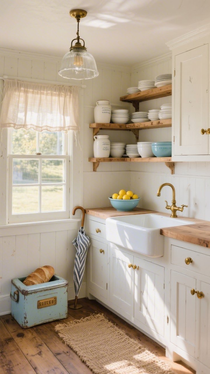 Wide room shot, sunlit farmhouse nook: creamy white shaker cabinets with warm brass bin pulls and milk-glass schoolhouse pendant; butcher block countertops showing subtle knife marks; deep apron-front sink beneath a window with gauzy linen cafe curtains, sunlight spilling onto a bowl of lemons; open pine shelves styled with stoneware crocks, stacked white dishes, and pale robin’s egg blue vintage mixing bowls; painted wood plank floors softened by a jute runner; an old butter churn repurposed as an umbrella stand in the corner; enamel bread box and a ticking stripe hand towel; palette of cream, soft pine, whisper blue, warm brass; golden-hour natural light, photorealistic, straight-on perspective.