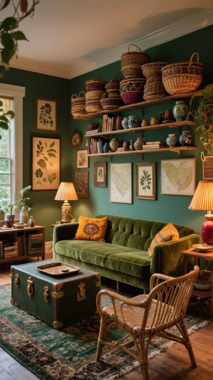 Wide room shot: Vintage boho mix with collected charm—moss velvet mid-century sofa paired with a thrifted cane chair; a slightly faded, richly patterned heirloom rug; a vintage trunk used as a coffee table topped with a tray; shelving brimming with ceramics, travel finds, and old books; warm table lamps with pleated shades casting a nostalgic glow; a gallery wall of maps, botanicals, and flea-market frames; stack of mismatched woven baskets on the wall; color notes of forest green, marigold, berry, and antique brass; evening warmth, photorealistic.