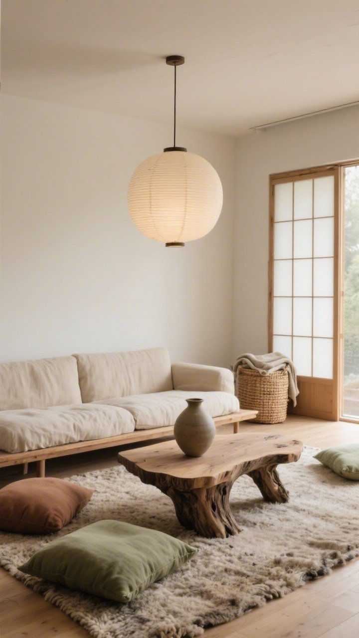 Wide room shot, Wabi-Sabi Cozy with Low Seating: a low-profile oatmeal linen-wrapped sofa on a thick nubby wool rug, a live-edge raw timber coffee table low to the ground showing natural tree curve, warm off-white rice-paper-toned walls, an oversized paper lantern pendant casting soft diffuse light, muted clay and sage floor cushions scattered, a single asymmetrical ceramic vase on the table, shoji-inspired room divider along one side, woven jute basket with folded blankets; color palette oatmeal, bone, warm wood, muted sage; materials linen, wool, raw timber, paper, ceramic; straight-on view, early morning natural light, photorealistic, no people.