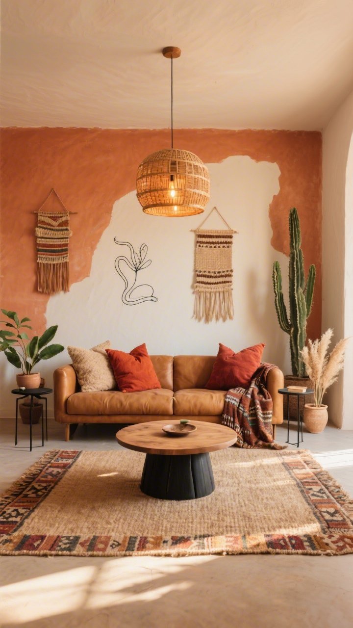 Wide room shot: Warm desert boho living room with sun-soaked warm terracotta and creamy off-white walls, a low-slung camel leather sofa layered with oversized textured pillows in rust, paprika, and sand, a jute rug grounding the space with a patterned Kilim runner under a round wood coffee table with matte black metal base; slim-legged black metal side tables, a casually tossed mudcloth throw on the sofa arm; tall cactus, snake plants, and dried pampas grass in simple pots; minimal line art and woven wall hangings on the walls; rattan drum pendant with warm-toned bulbs casting a cozy glow; photographed straight-on in late afternoon golden light, photorealistic, no people.