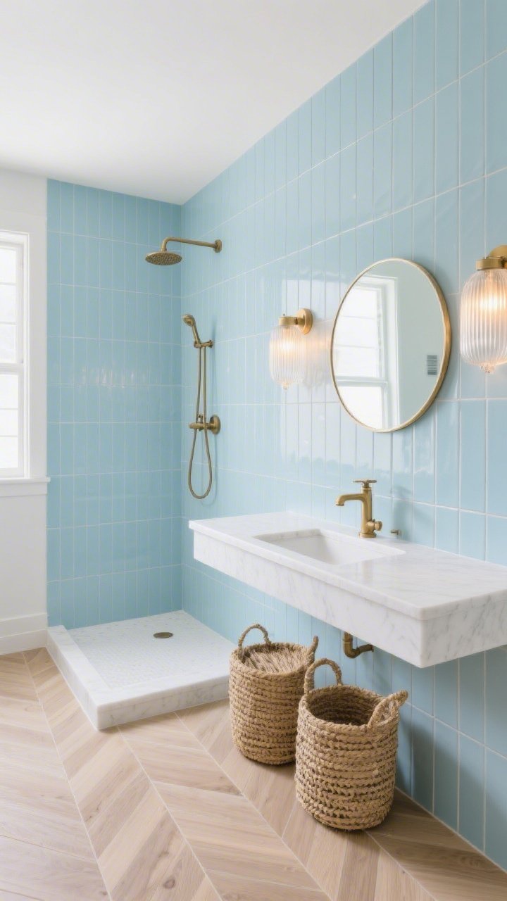 Wide room shot with coastal calm vibe: shower area wrapped floor-to-ceiling in powder-blue vertical subway tiles that elongate the walls, white quartz-topped vanity, pale brushed brass fixtures (faucet and shower), round porthole-style mirror centered above the vanity, woven seagrass basket for storage, ribbed glass sconces emitting a warm LED glow, floor in light oak-look porcelain planks laid herringbone; airy, sea-breeze palette with clean lines; bright daylight balanced with warm sconce lighting; photorealistic.